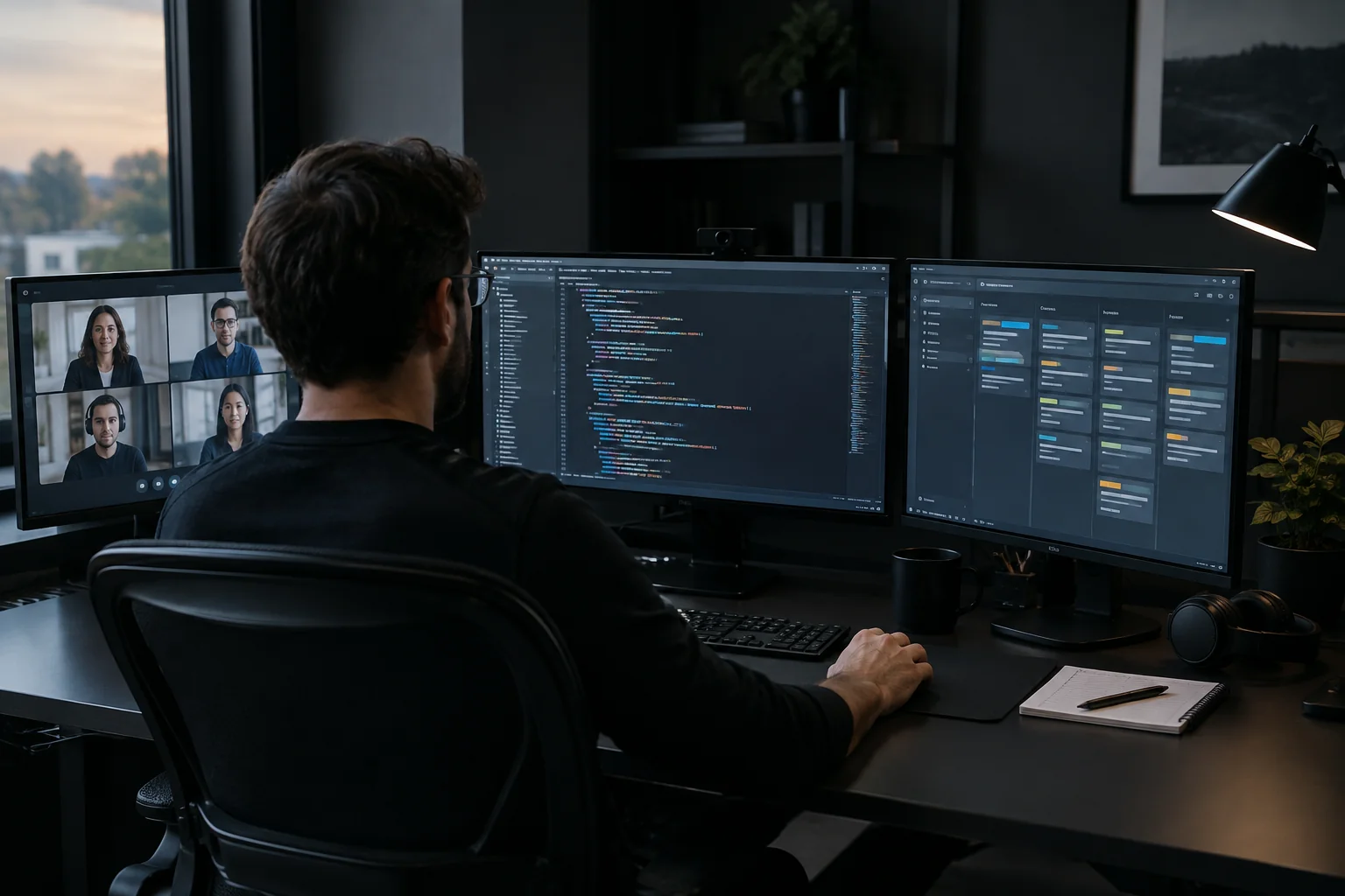 photorealistic: a developer at a desk with multiple monitors showing code and a kanban board, video call window visible with remote teammates, dark workspace with black and white tones, focused late afternoon atmosphere, professional