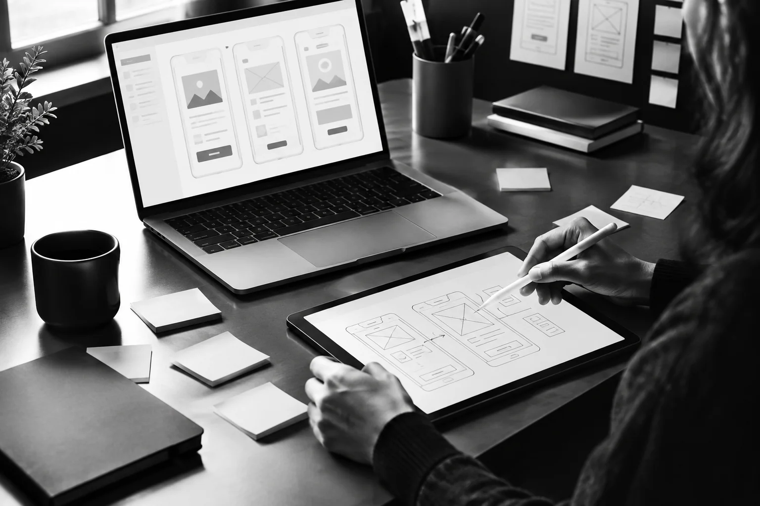 Designer refining a mobile app interface on a tablet. photorealistic: a UI/UX designer's hands sketching wireframes on a tablet stylus next to a laptop showing a clean app interface mockup, desk with sticky notes, monochrome black and white