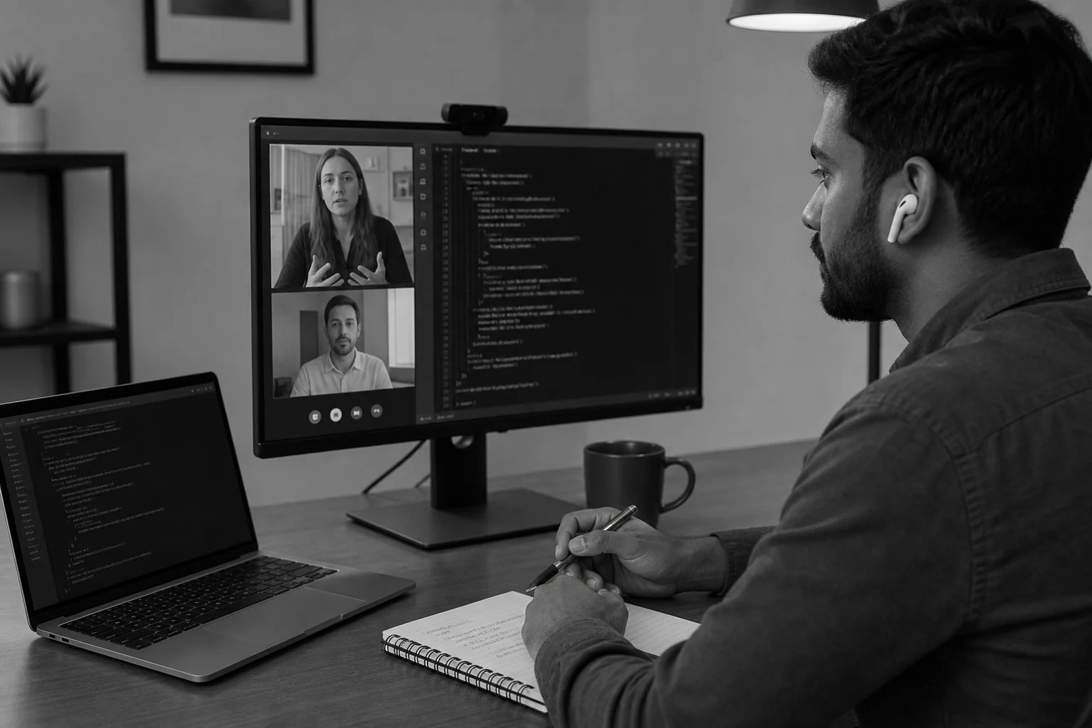Live technical interview or pair programming session over video call. Photorealistic photo of a developer sitting at a desk during a live video call technical interview, screen showing a code editor with React/Next.js syntax, monochrome