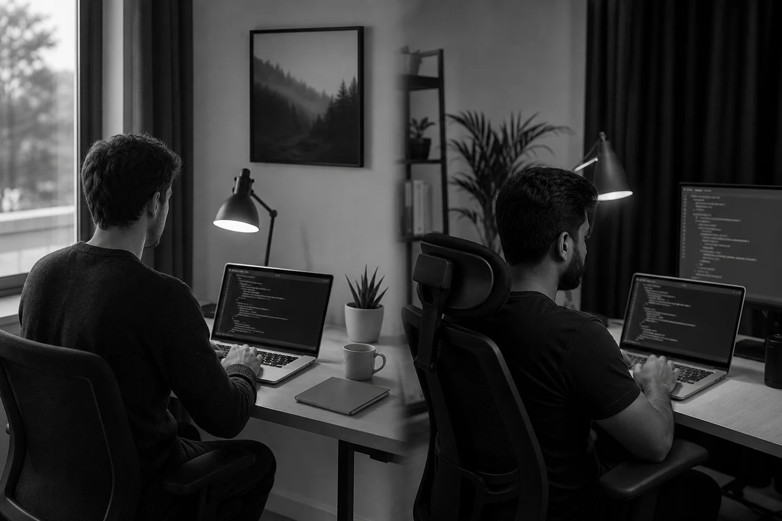 Photorealistic photo of two overlapping desk setups side by side, one minimal European home office and one modern Indian tech studio office, both working on laptops with code visible, high contrast black and white color grading
