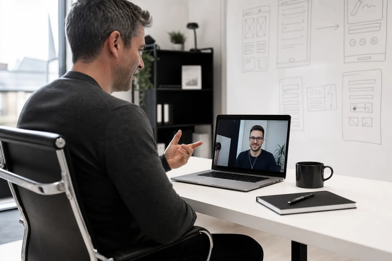Photorealistic image of a video interview or technical assessment call between a hiring manager and a remote developer. photorealistic: A professional business person sitting at a bright office desk in Ireland, video calling on a laptop
