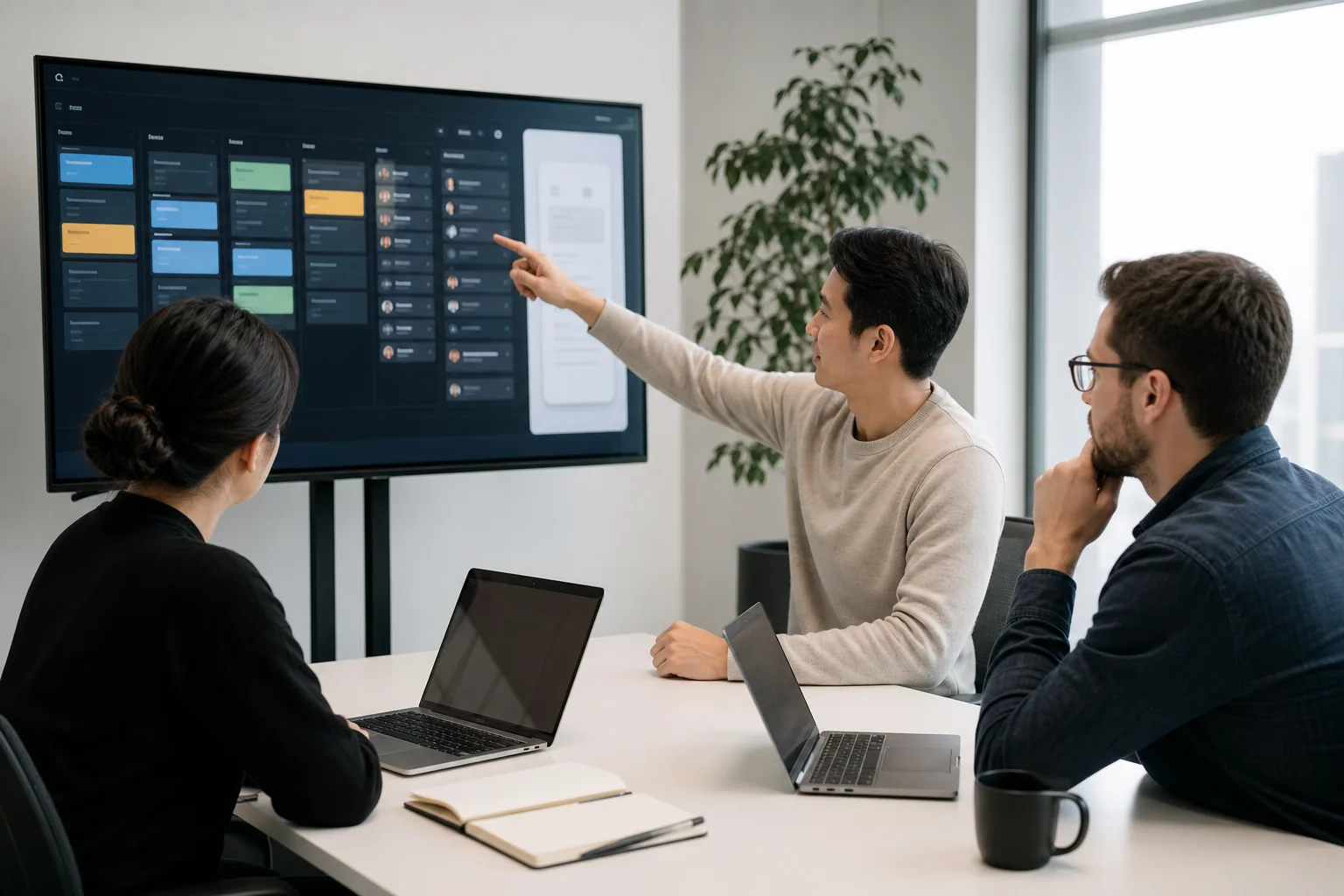 Photorealistic image showing a development team collaborating during an agile sprint review with code and design on screens. photorealistic: A small cross-functional development team of three people gathered around a large monitor