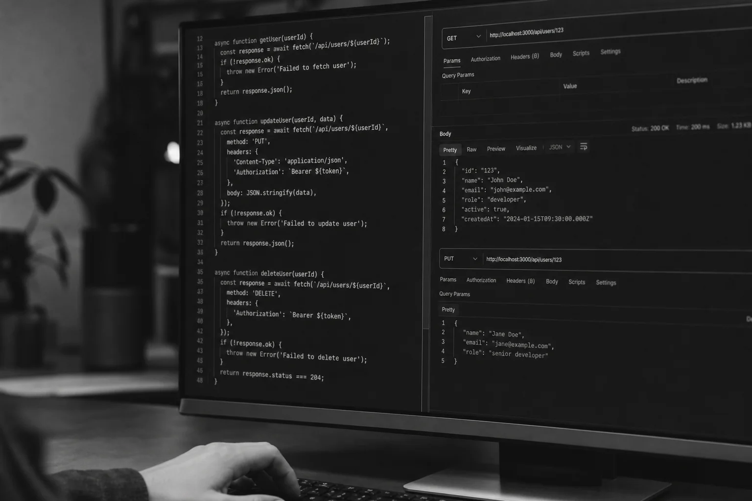 Close-up of code editor showing API integration work. photorealistic close-up photograph of a computer screen displaying lines of code and API request structures in a dark code editor, developer's hand resting near keyboard, black and white