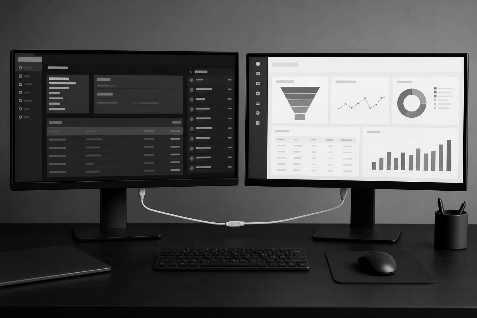 photorealistic photo of two monitors side by side on a black desk, one displaying a custom web application interface and the other displaying a CRM dashboard, both connected by a visible ethernet cable, symbolizing data synchronization