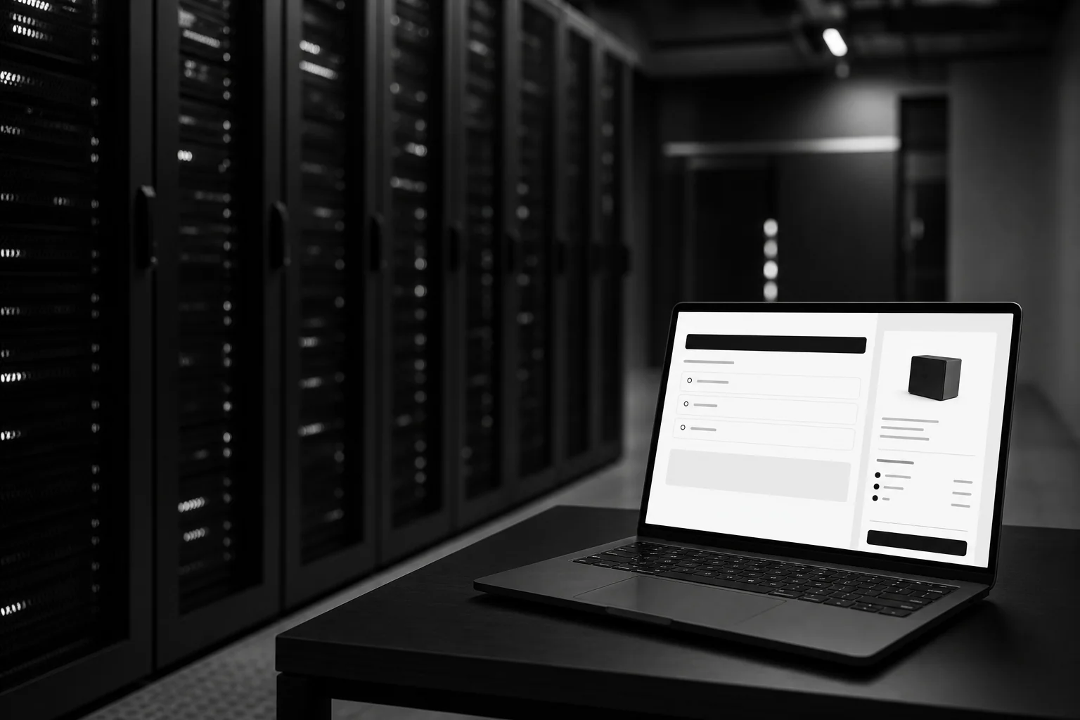 Old on-premise server room next to a modern laptop showing a payment checkout screen, symbolizing legacy-to-modern bridge. Photorealistic photo: a dim on-premise server rack room in black and white tones with a single modern laptop glowing