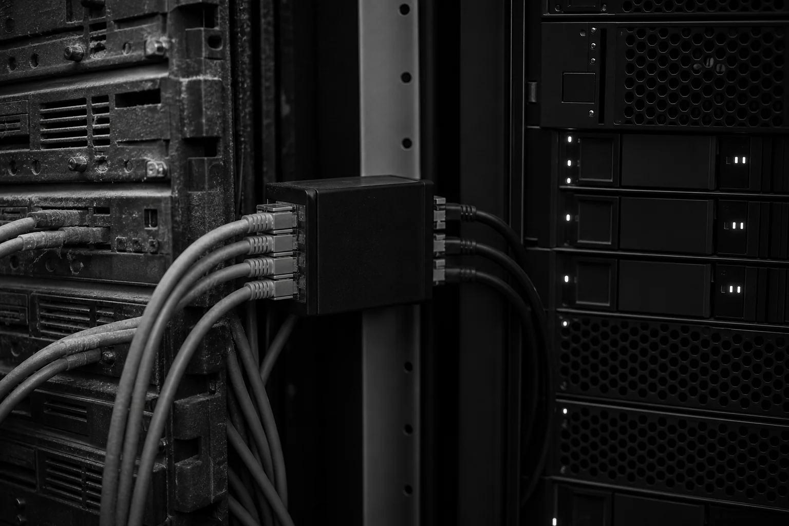 Photorealistic photo: close-up of network cables and a small server bridge device connecting two distinct hardware racks, one older and dust-covered, one sleek and modern, black and white with subtle contrast, symbolizing middleware