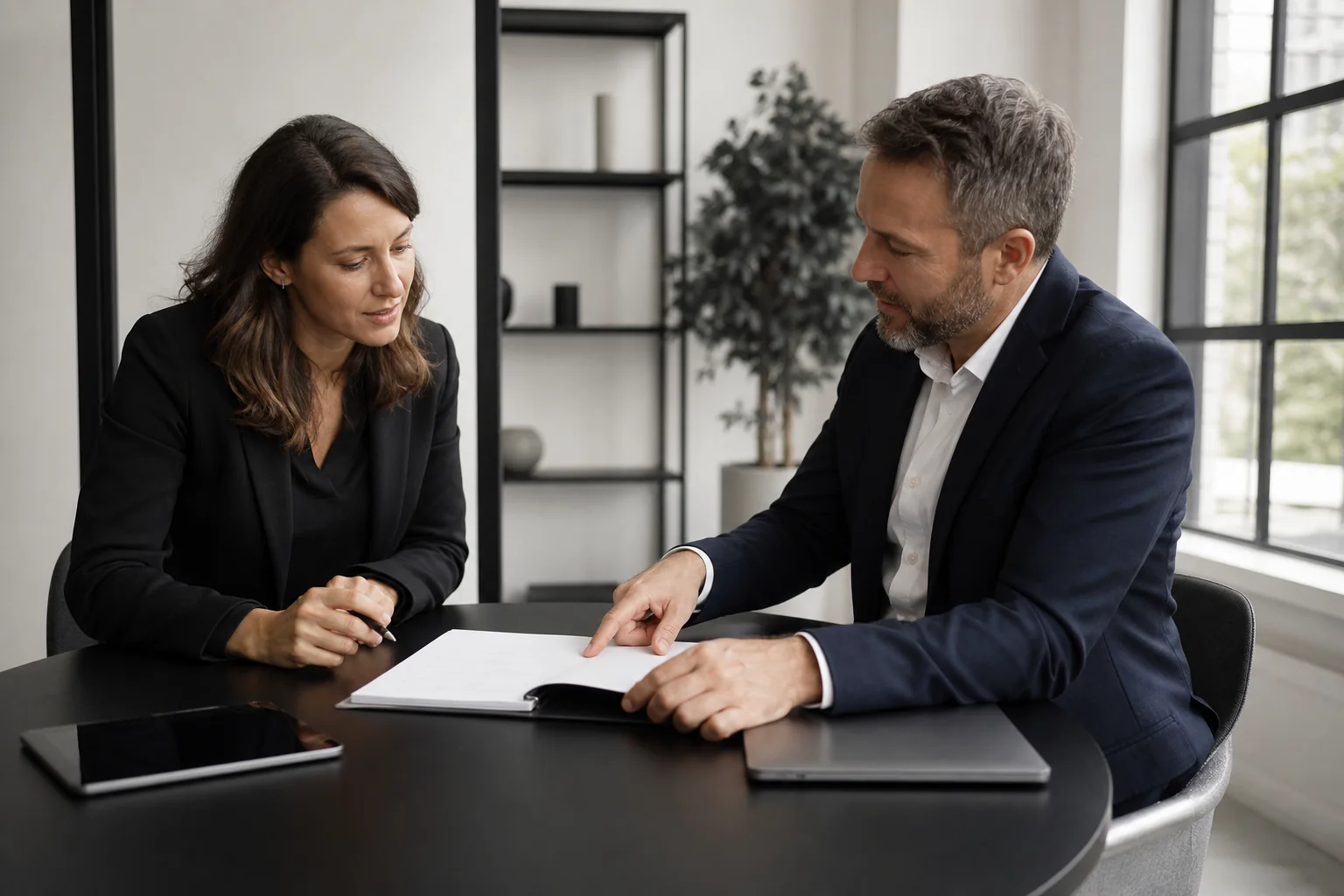 Business owner and agency representative in a consultation meeting discussing a contract or project scope document. photorealistic photo of a business meeting between a retail business owner and a digital agency consultant sitting across a
