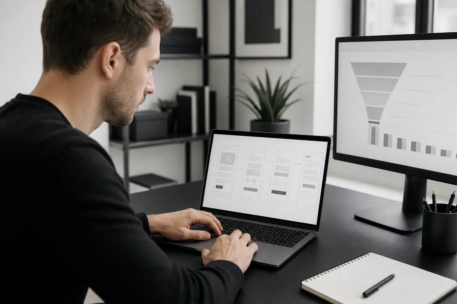 UI/UX designer reviewing e-commerce checkout flow wireframes with conversion metrics on screen. photorealistic photo of a focused UI/UX designer at a minimalist black-and-white studio desk, reviewing e-commerce checkout flow wireframes on a