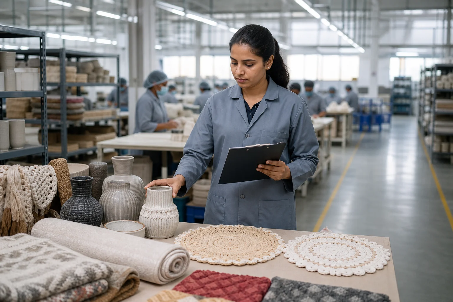 Quality control inspector examining handcrafted home décor products on a factory floor in India, representing structured QC checks for US importers