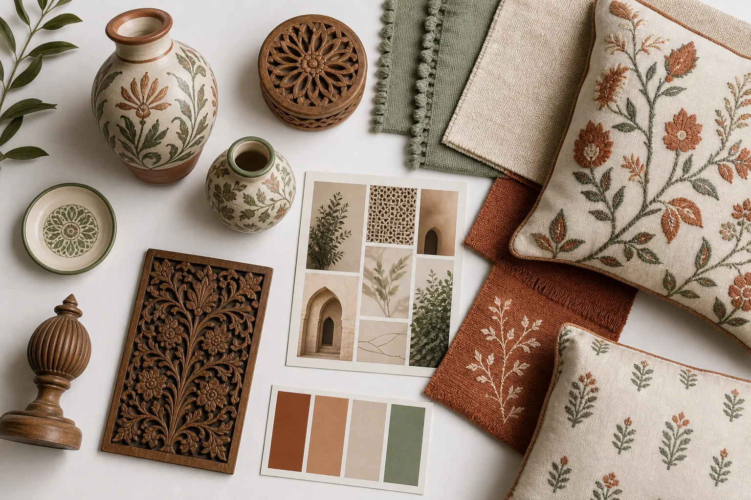 Curated selection of custom Indian handicrafts, home décor, and textile samples arranged for a private-label brand sourcing presentation
