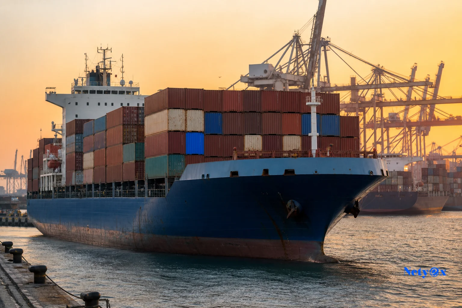 photorealistic photo of a cargo ship loaded with shipping containers at an Indian port at golden hour, one container painted in a subtle blue tone matching #2d58dd, cranes in background, wide industrial shipping scene, realistic