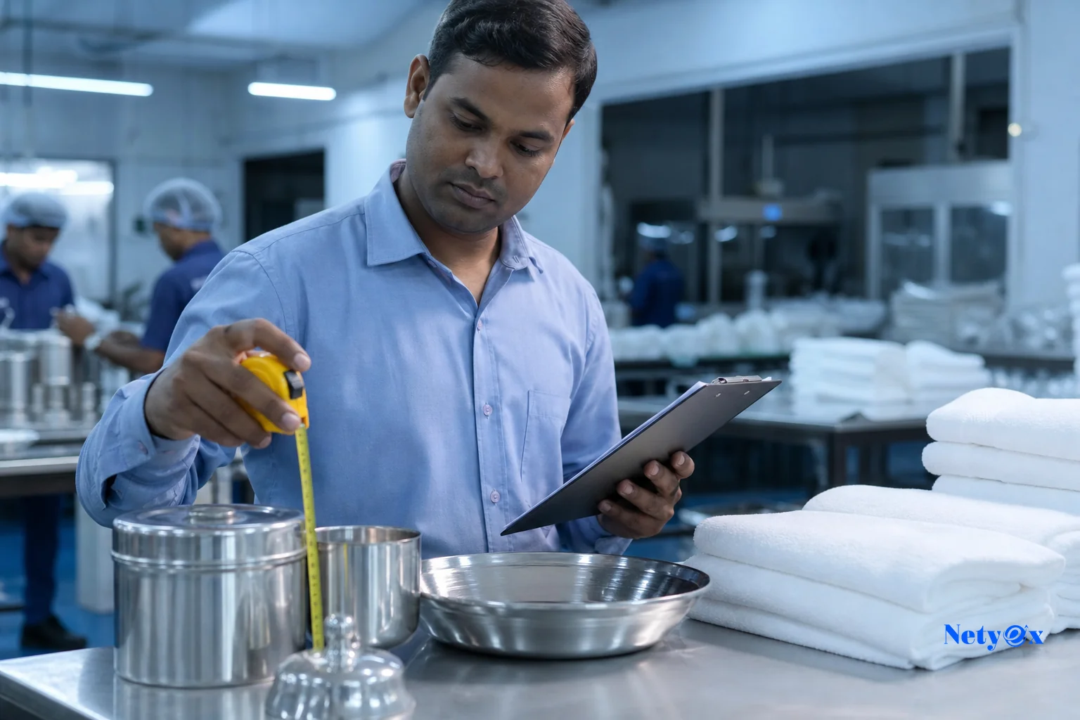 Quality inspector checking hotel textile or kitchenware batch before export. photorealistic photo of a quality control inspector in an Indian manufacturing facility examining stainless steel kitchenware and folded hotel towels on an