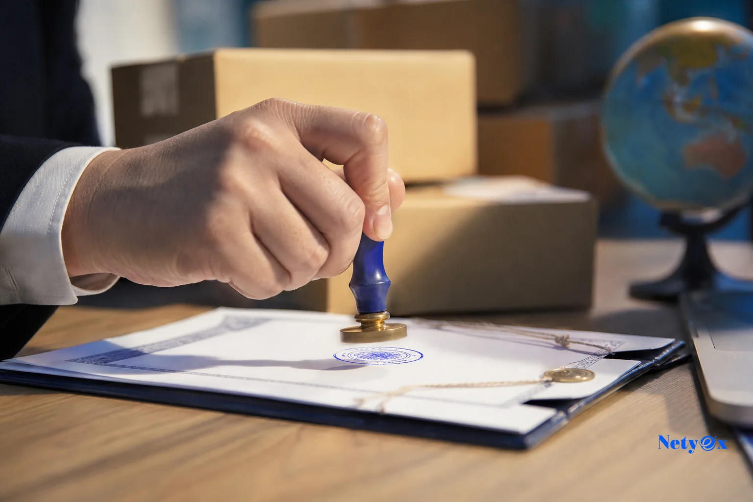 Close-up of an official certificate document being stamped or reviewed alongside export goods. Photorealistic close-up photo of a hand stamping an official export certificate document on a wooden desk, a wax seal or rubber stamp in motion