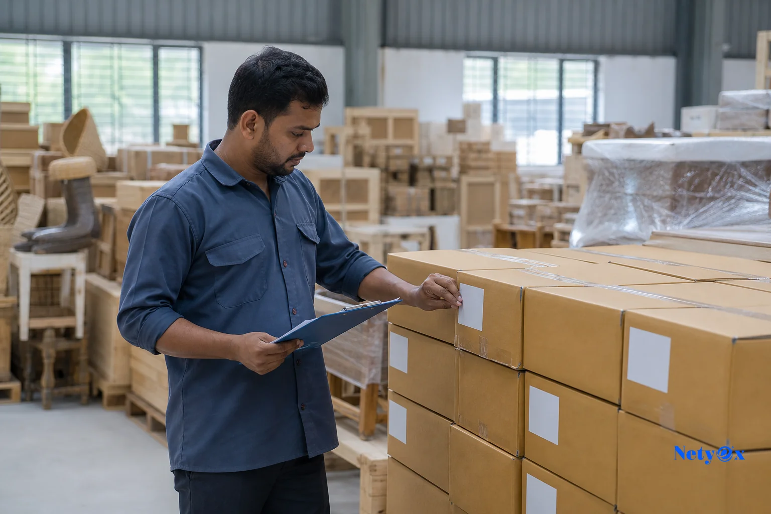Warehouse worker checking cartons against a packing list before export from an Indian factory. Photorealistic photo of a warehouse worker in India inspecting stacked export cartons in a bright manufacturing warehouse, holding a clipboard