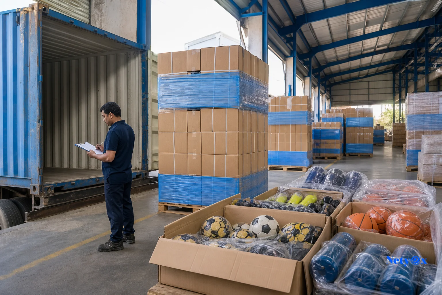 Export-ready cartons of sports and fitness goods being packed and loaded for international shipment. Photorealistic photo of a logistics warehouse in India with stacked export cartons labeled for international shipping, boxes of packaged