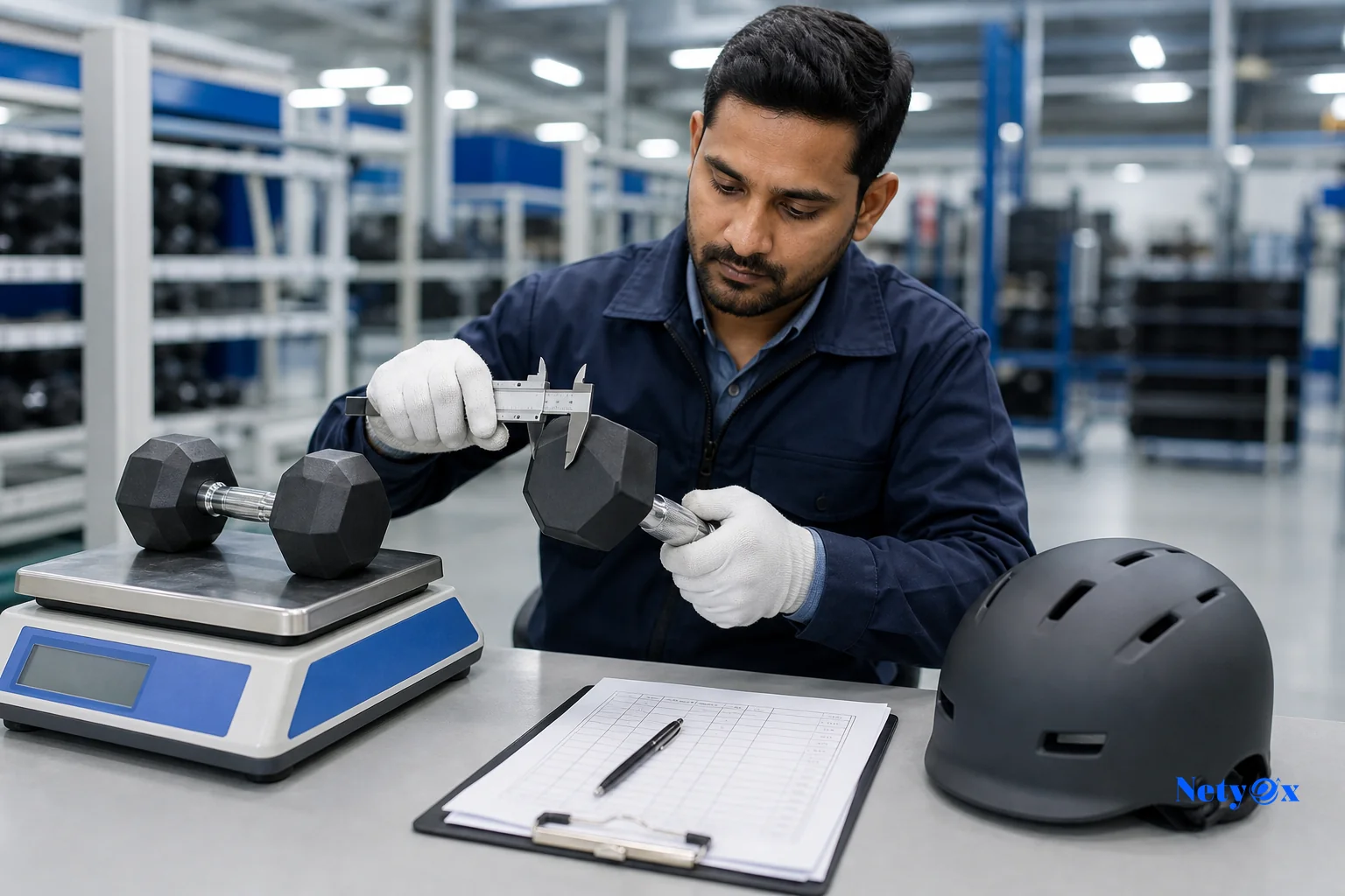 Quality inspector testing sports equipment with measuring tools in a factory quality control area. Photorealistic photo of a quality control inspector in a sporting goods factory in India examining a gym dumbbell and a protective helmet on