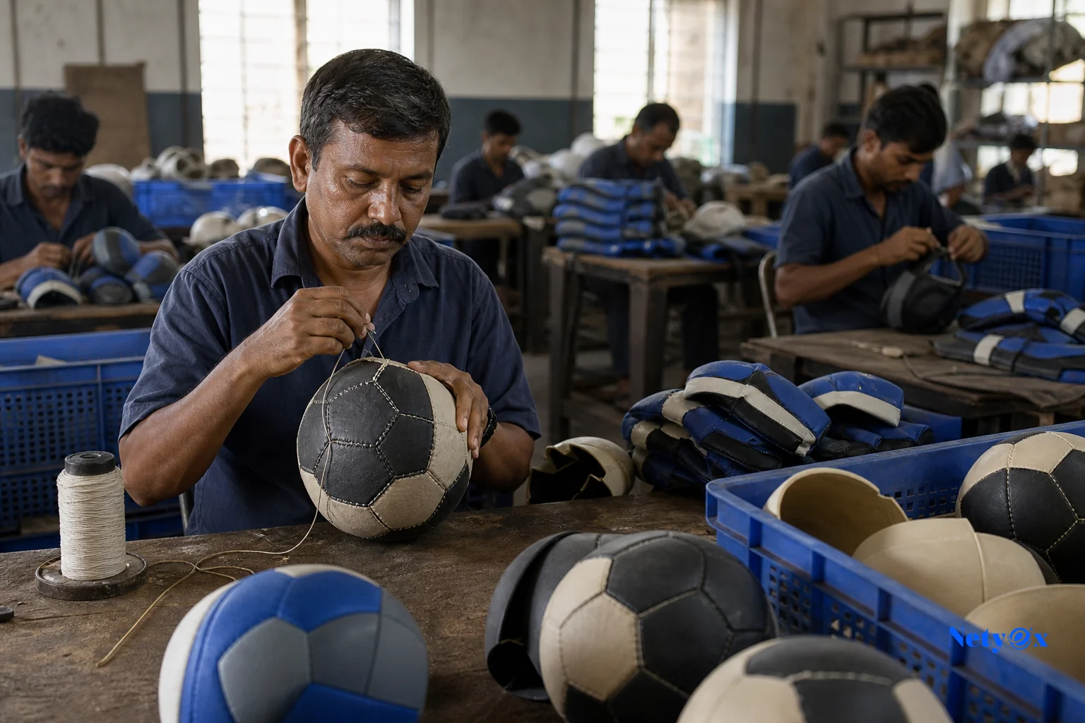Workers hand-stitching leather footballs and sports gear in an Indian sporting goods workshop. Photorealistic photo of an Indian sporting goods workshop interior, skilled artisans hand-stitching leather footballs and protective padding at