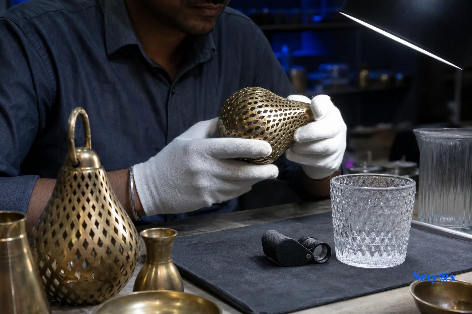 Close-up quality inspection of brass and glassware products on a workbench in an Indian manufacturing workshop