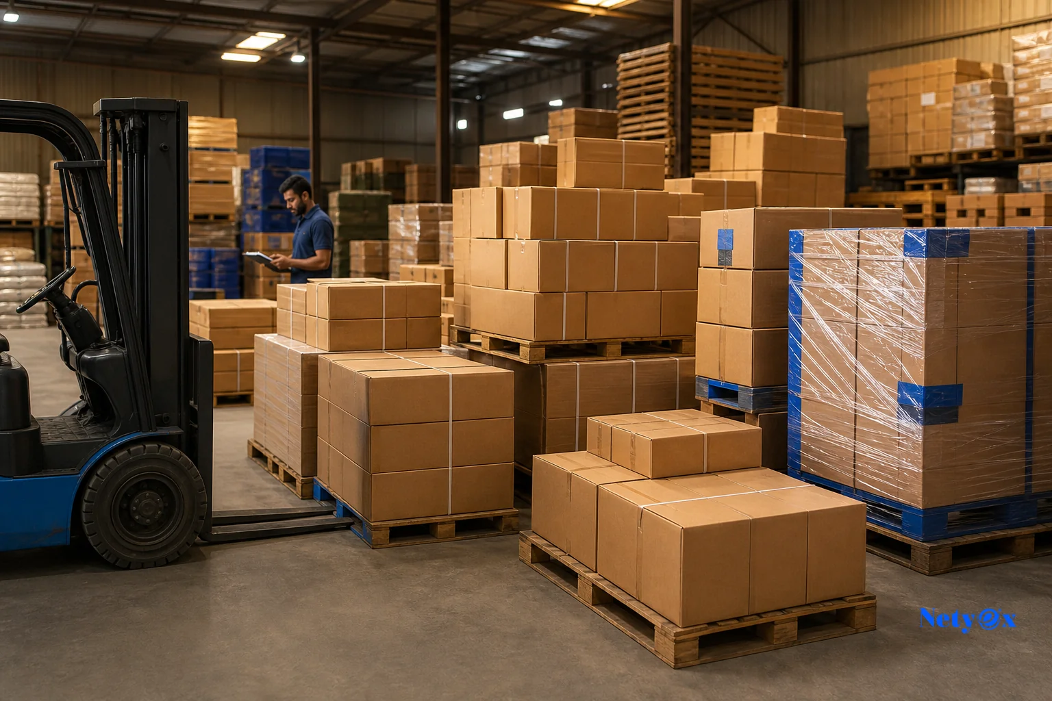 Indian export warehouse with stacked cartons and pallets prepared for a bulk shipment