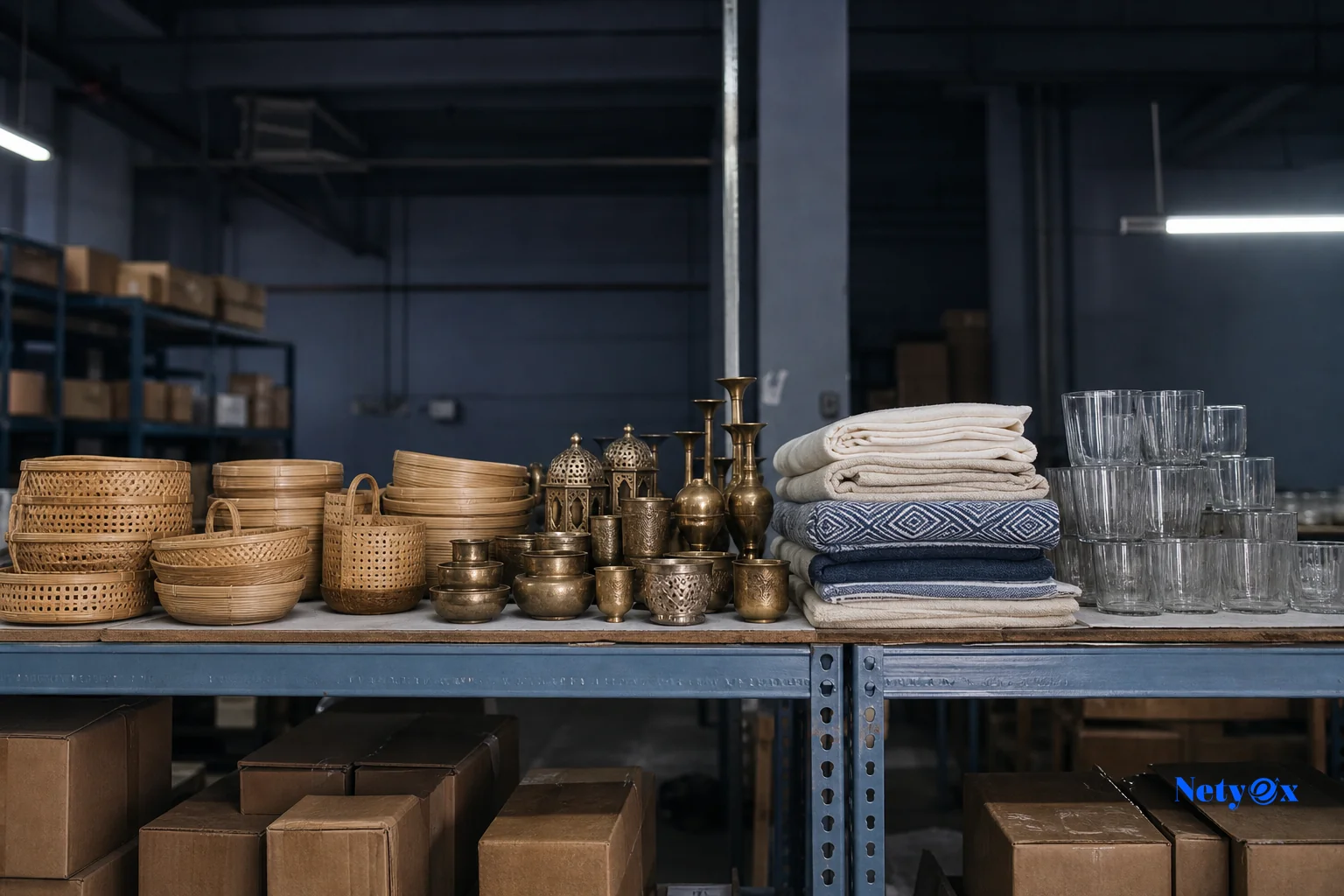 Comparison of different product categories on shelves showing varying batch sizes. photorealistic photo of an Indian manufacturing warehouse shelf displaying small trial batches of different product categories side by side: bamboo baskets