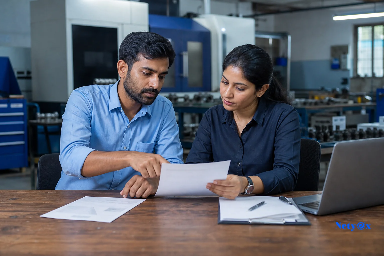 photorealistic photo of two business professionals at a small manufacturing office in India reviewing a printed quotation sheet together at a wooden table, one pointing at a section, neutral professional attire, soft overhead lighting, cool