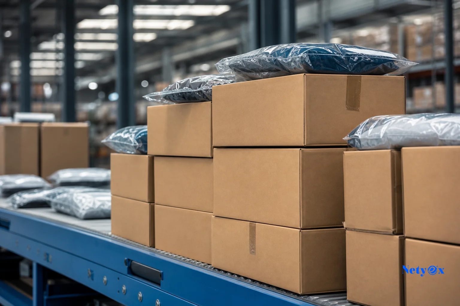 Amazon FBA style packaged cartons ready for warehouse fulfillment. photorealistic photo, close-up of neatly stacked cardboard shipping cartons with poly-bagged products visible on a warehouse conveyor belt, clean industrial fulfillment