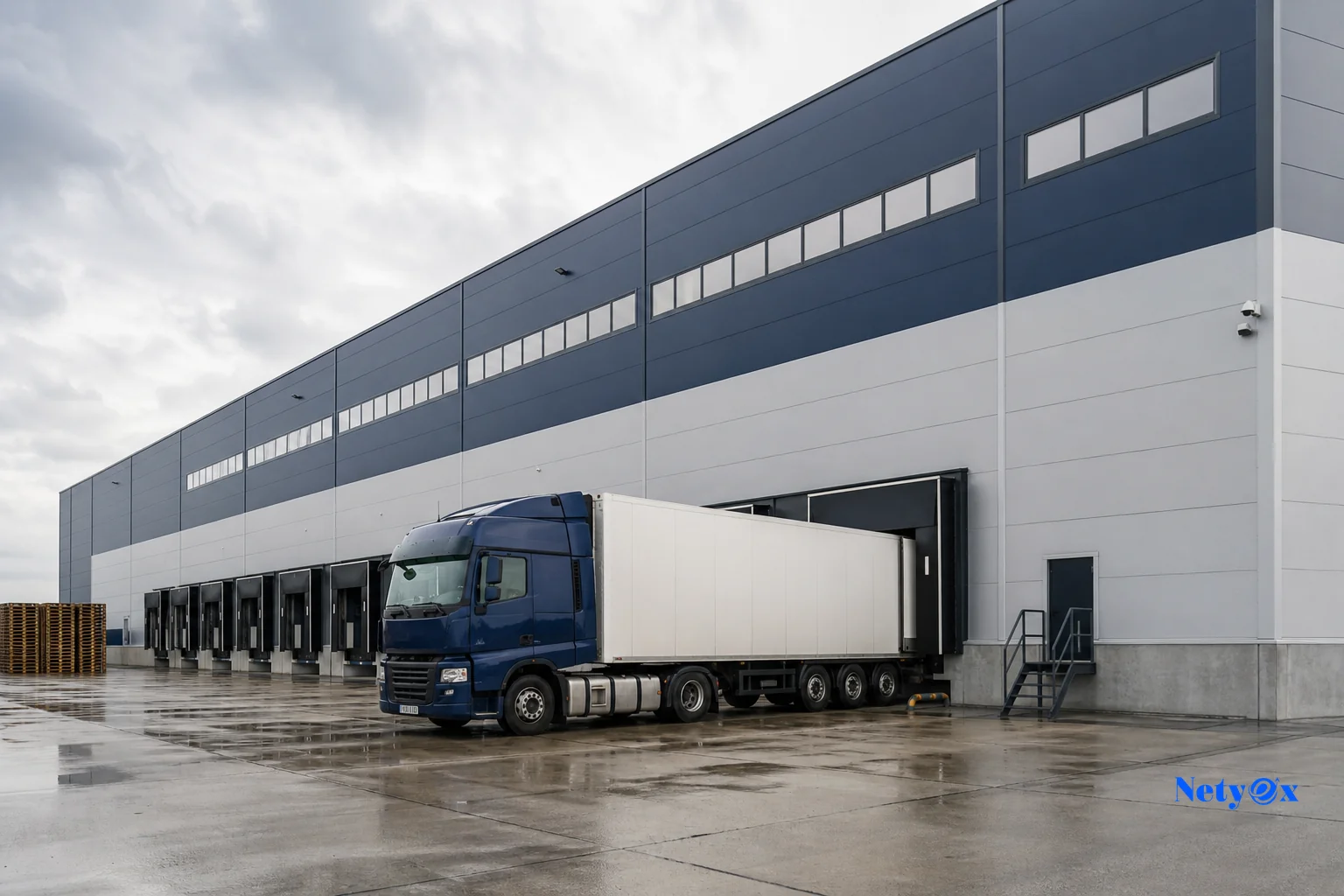 Hybrid fulfillment concept showing a bonded warehouse alongside distribution trucks. photorealistic photo, exterior view of a modern bonded logistics warehouse building with a delivery truck loading at the dock, overcast European sky