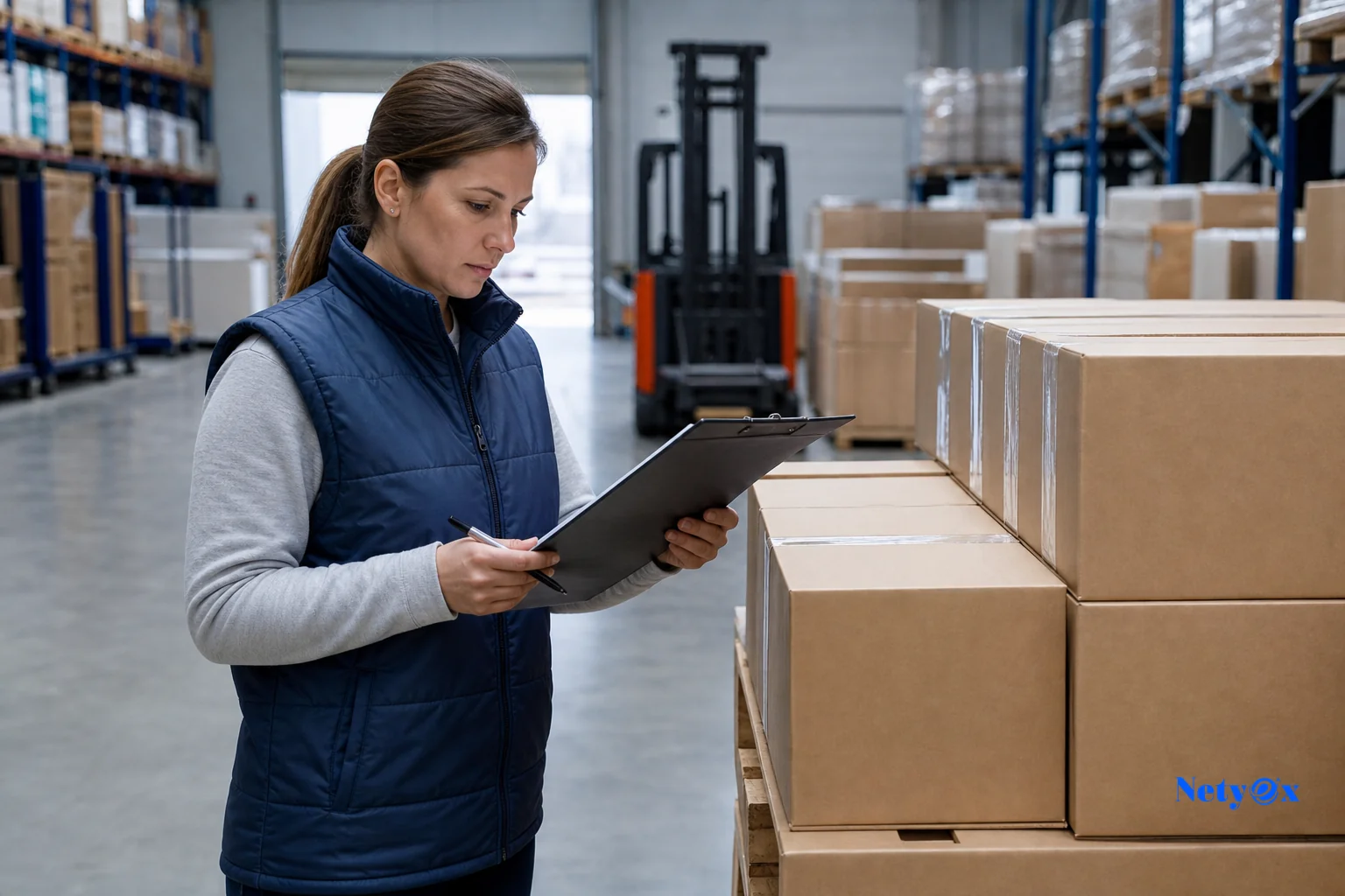photorealistic photo, warehouse logistics coordinator in a modern European distribution center reviewing a customs clearance document on a clipboard beside labeled cardboard boxes on pallets, natural warehouse lighting, muted blue and grey