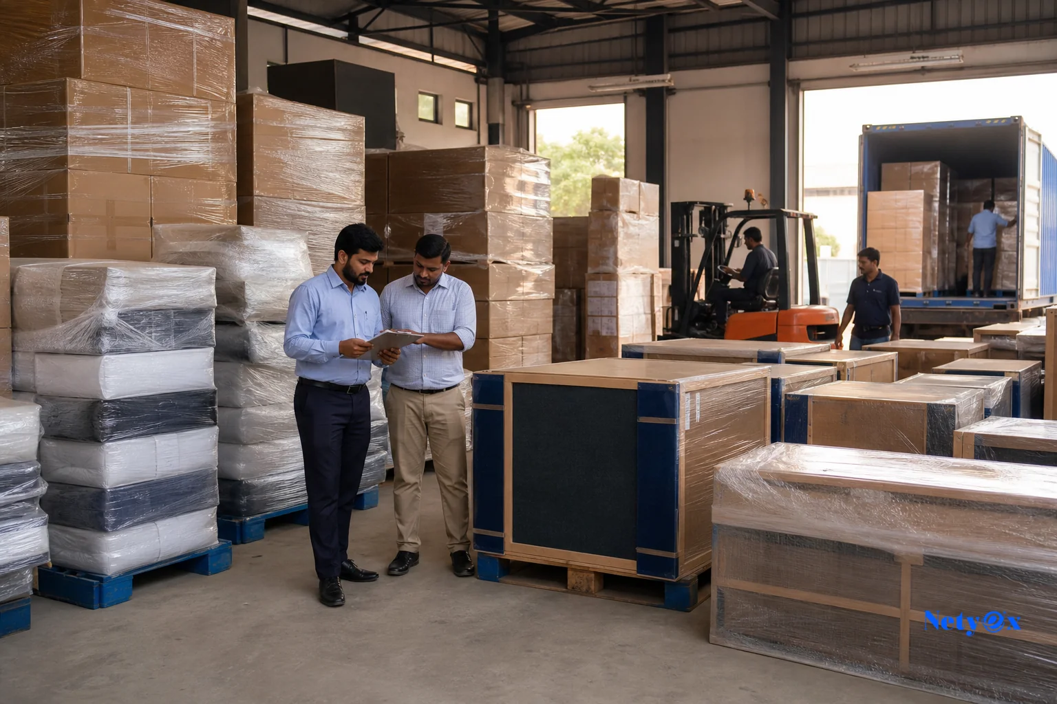 Warehouse scene showing bulk pallets of packaged hotel textiles and furniture ready for multi-property distribution. Photorealistic photograph of a organized export warehouse in India with neatly stacked pallets of shrink-wrapped hotel