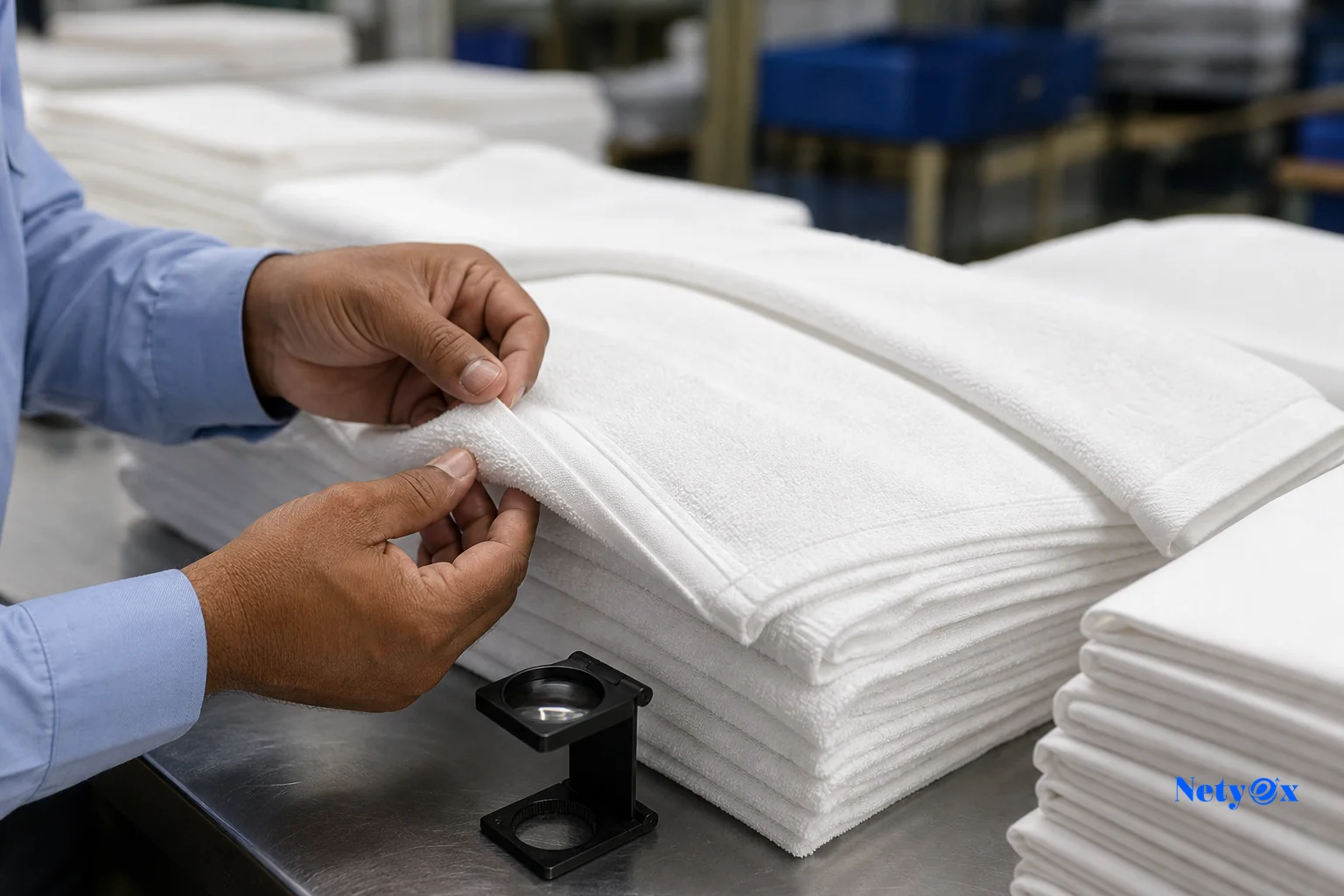 Close-up of a quality inspector examining hotel-grade bed linen and towels for durability and stitching. Photorealistic photograph of a quality control inspector's hands closely examining a folded stack of white hotel-grade bath towels and