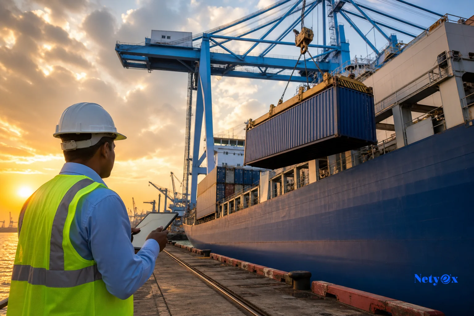 Shipping container and cargo logistics scene representing sea and air freight for hotel supply shipments. Photorealistic photograph of a shipping container being loaded onto a cargo vessel at an Indian port at golden hour, a freight