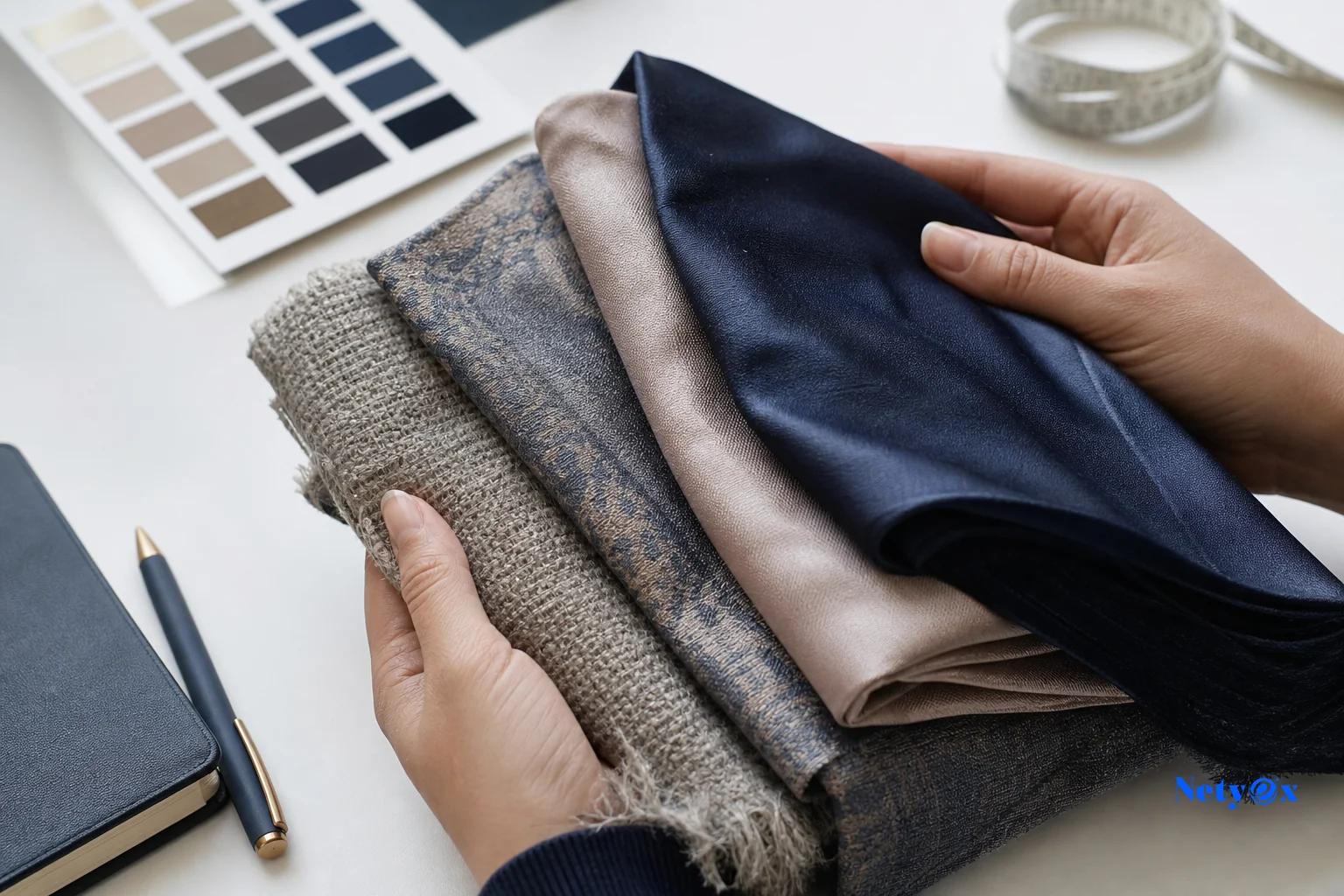 Close-up of hands examining scarf fabric swatches and color cards for spec approval. Photorealistic close-up photo of a pair of hands holding several folded fabric swatches of scarves in silk, viscose, and wool blends against a clean white