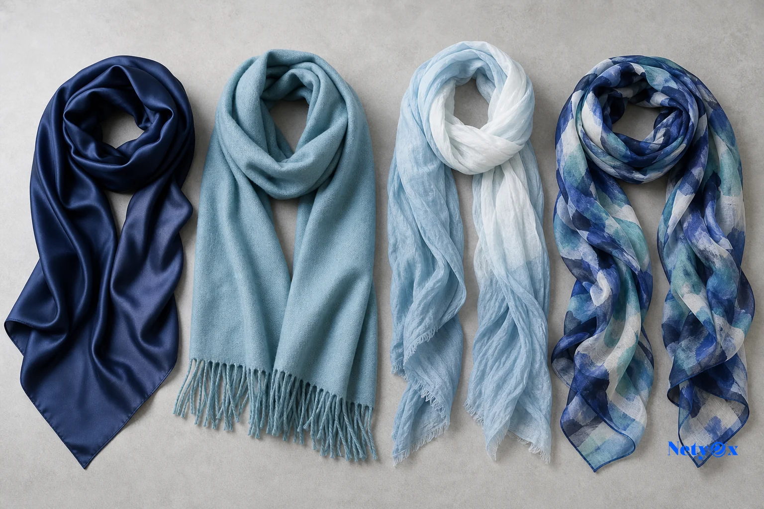 Flat lay of different scarf and stole fabric types (silk, wool, cotton, viscose) arranged for comparison. Photorealistic flat lay photograph of four distinct scarf and stole fabric samples arranged neatly side by side on a light gray