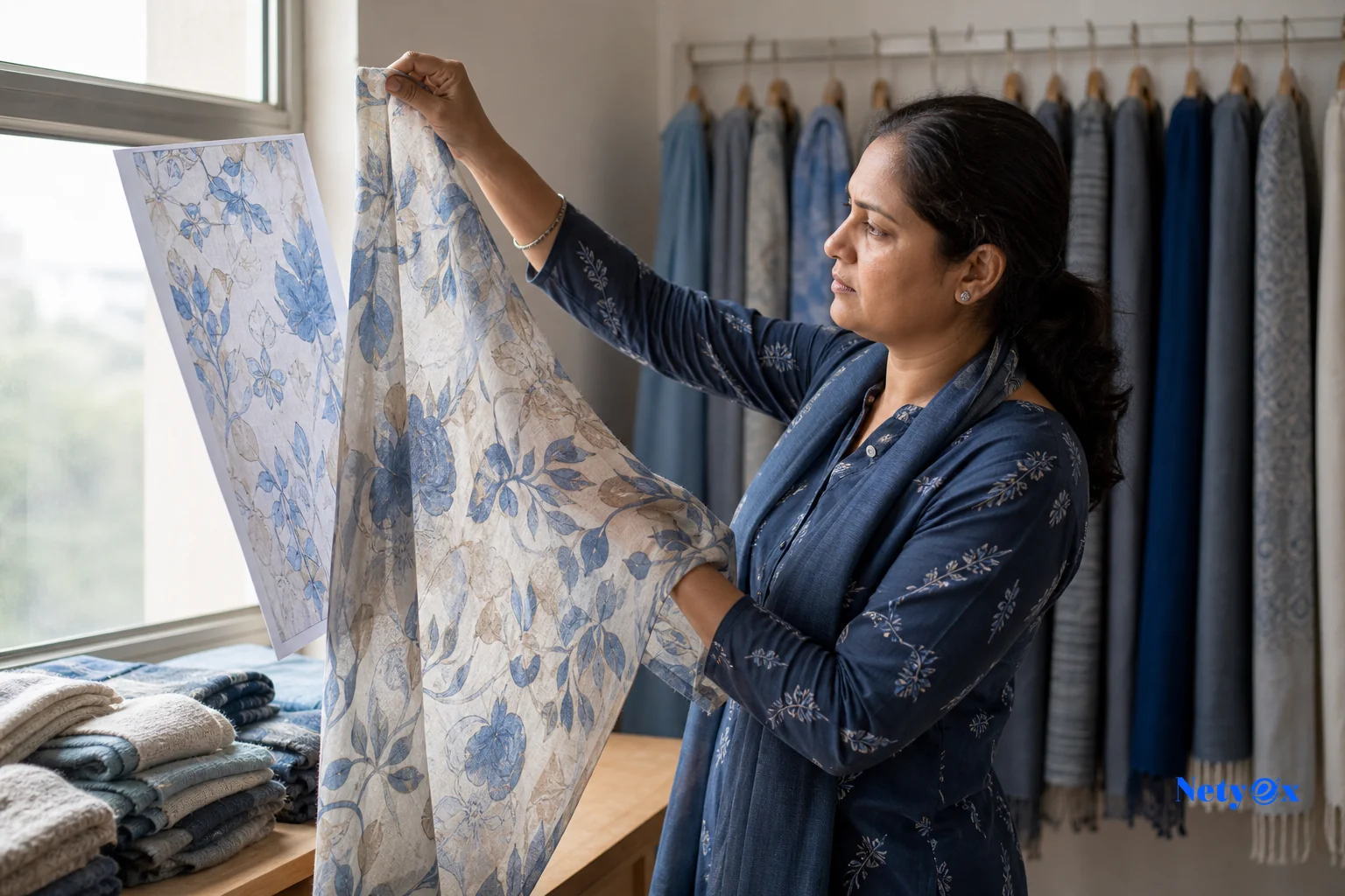 Quality inspector comparing a printed scarf sample against a reference design on a lightbox or table. Photorealistic photo of a quality control specialist in an Indian textile facility carefully comparing a printed stole sample against a