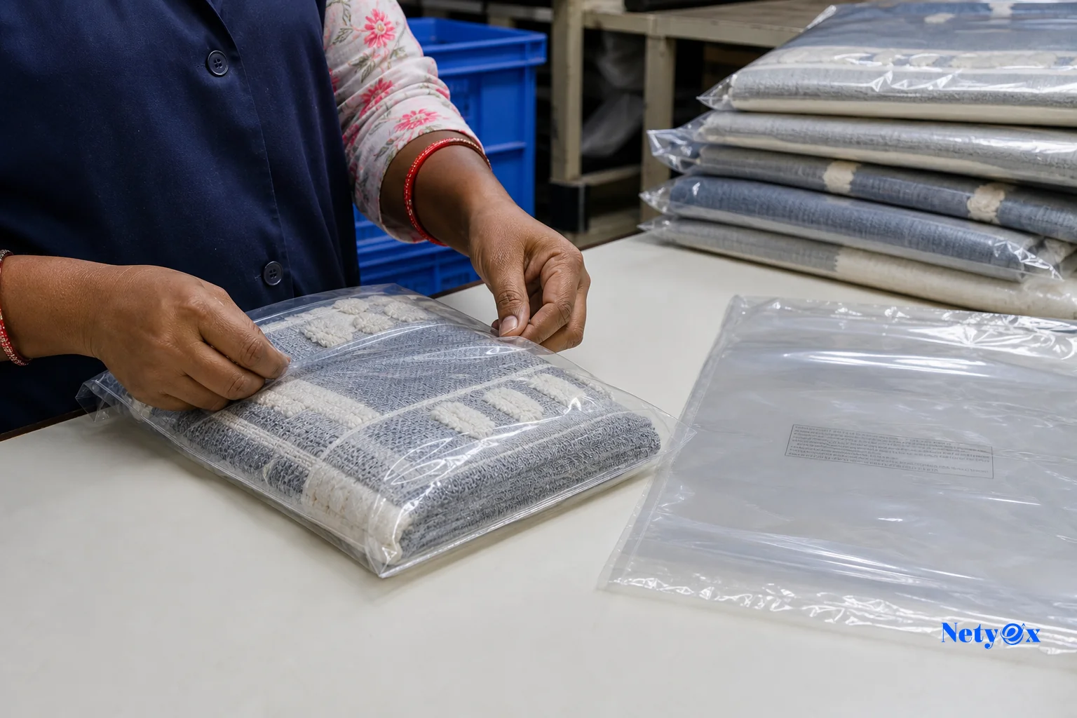 Close-up of hands applying polybag and suffocation warning label to a product before FBA shipment. photorealistic close-up photograph of a factory worker's hands in India carefully polybagging a textile home decor product on a clean