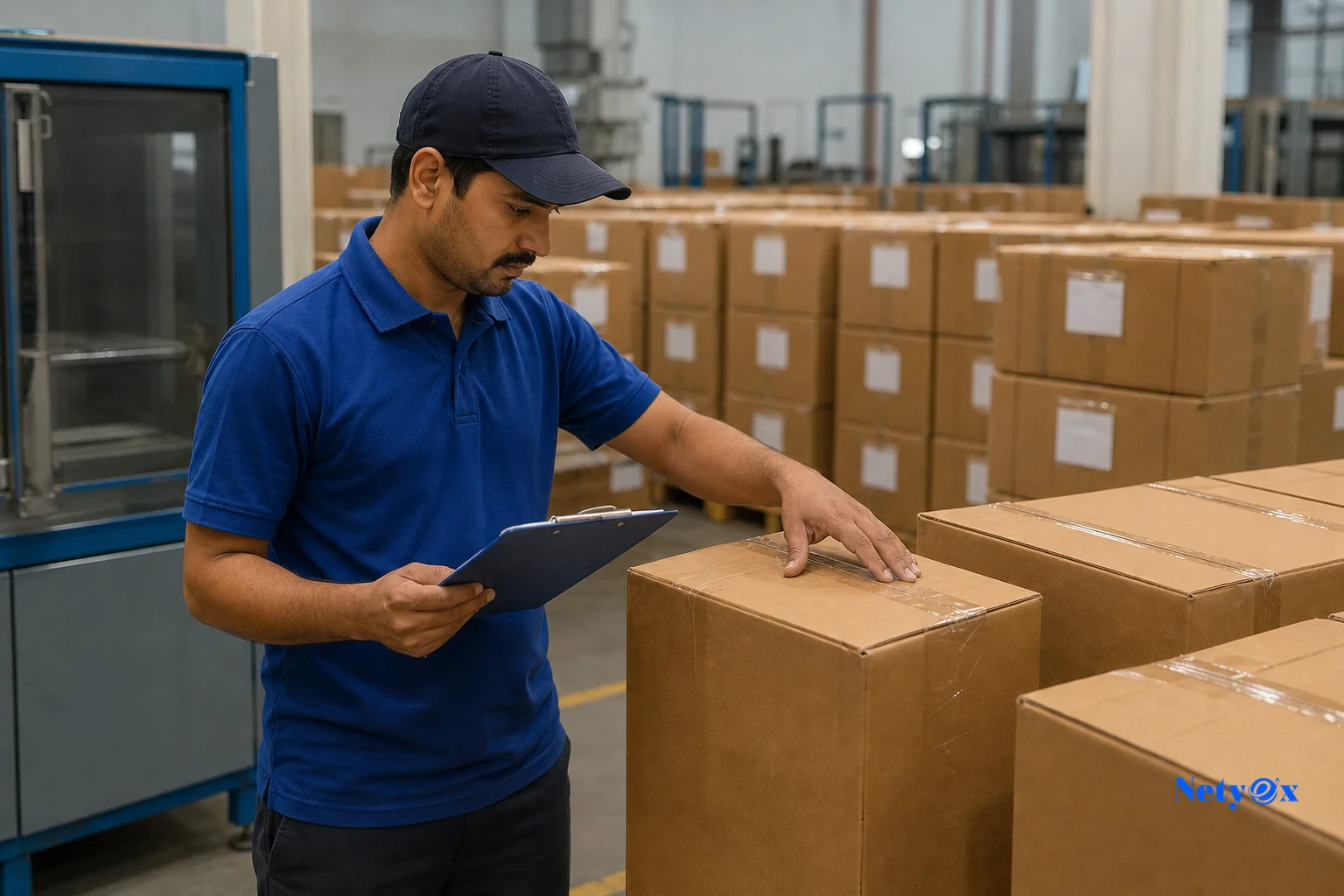 Quality control inspector at an Indian export facility checking master cartons before FBA shipment. photorealistic photo of a quality control inspector at an Indian export packing facility examining a master carton with a checklist