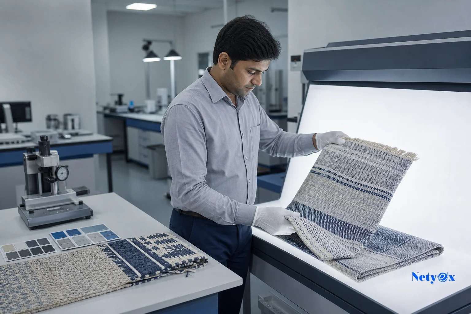 A quality control technician inspecting rug samples for colorfastness under lab lighting. Photorealistic photograph of a quality control inspector in a bright textile testing lab in India examining a folded cotton flatweave rug sample