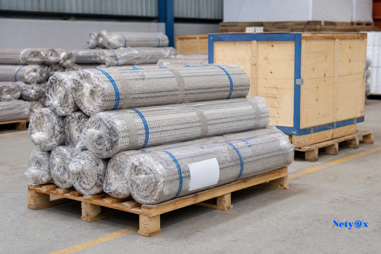 Rolled and packaged flatweave rugs ready for export with branded poly packaging. Photorealistic photograph of neatly rolled cotton flatweave rugs wrapped in clear protective poly packaging, stacked on wooden pallets inside an export
