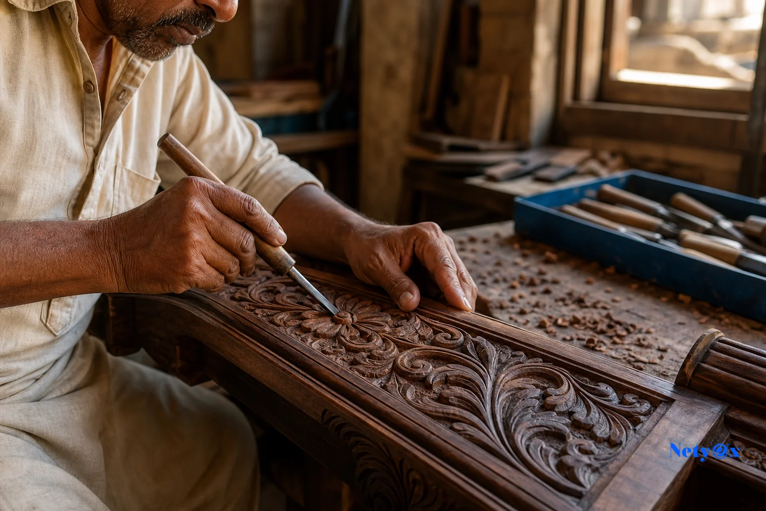 Close-up of an Indian artisan hand-carving wood detail on a furniture piece, showing craftsmanship. Photorealistic close-up photo of skilled artisan hands carving an intricate floral pattern into a piece of sheesham wood furniture in a