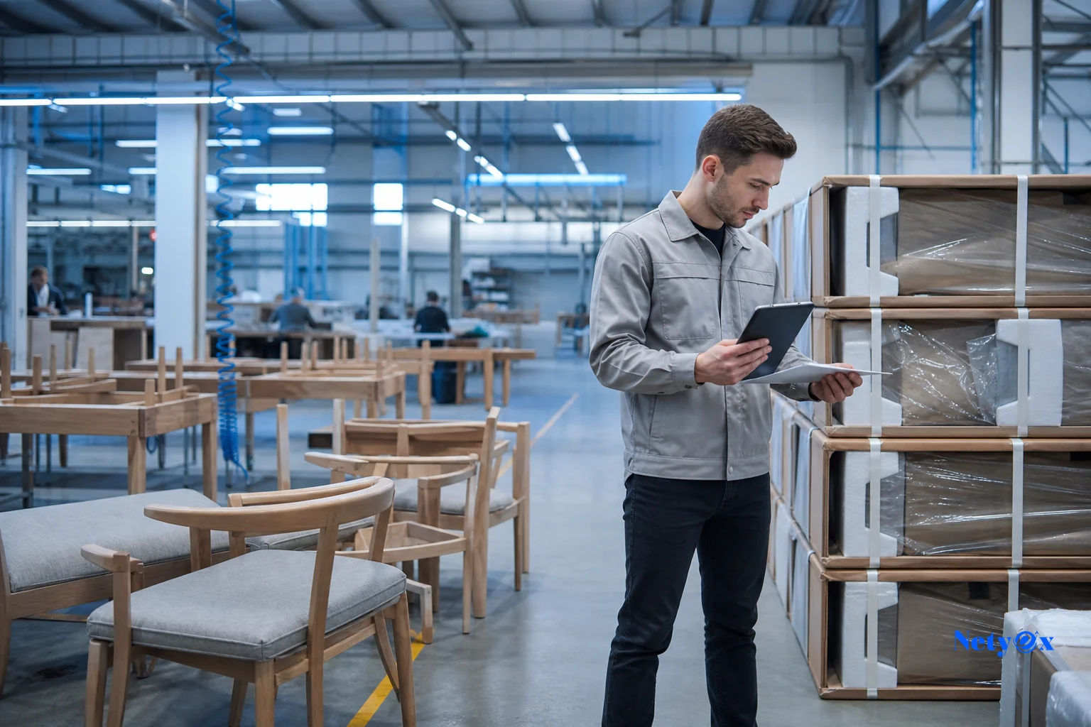Photorealistic photo of a modern furniture production facility floor with wooden chair frames and tables in various stages of assembly, a quality inspector in neutral workwear reviewing a clipboard and tablet near stacked furniture crates