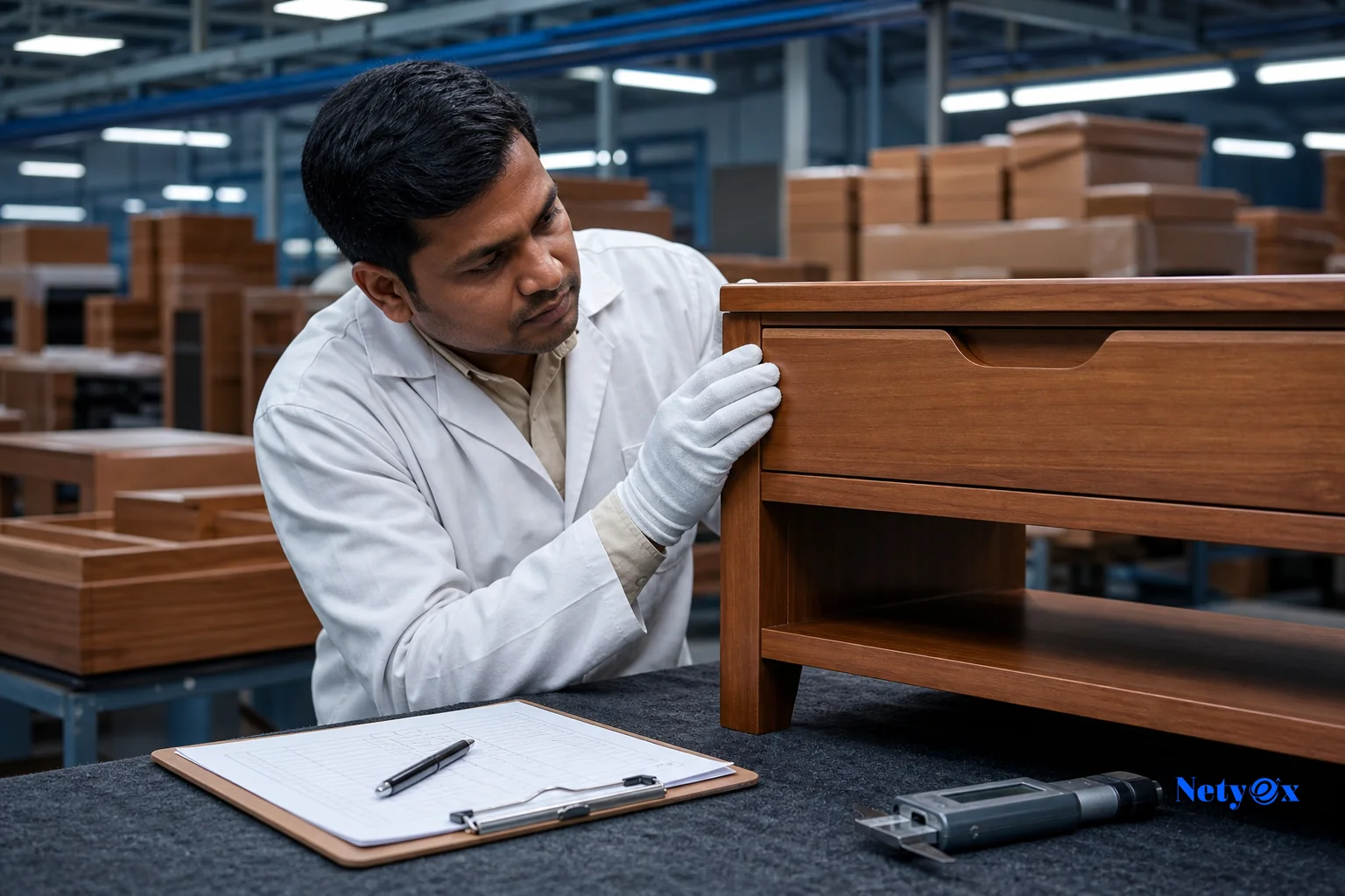 Quality control inspector examining products on a factory floor as part of standardized multi-supplier inspection. photorealistic: An Indian quality control inspector wearing a lab coat and gloves carefully examining a finished wooden