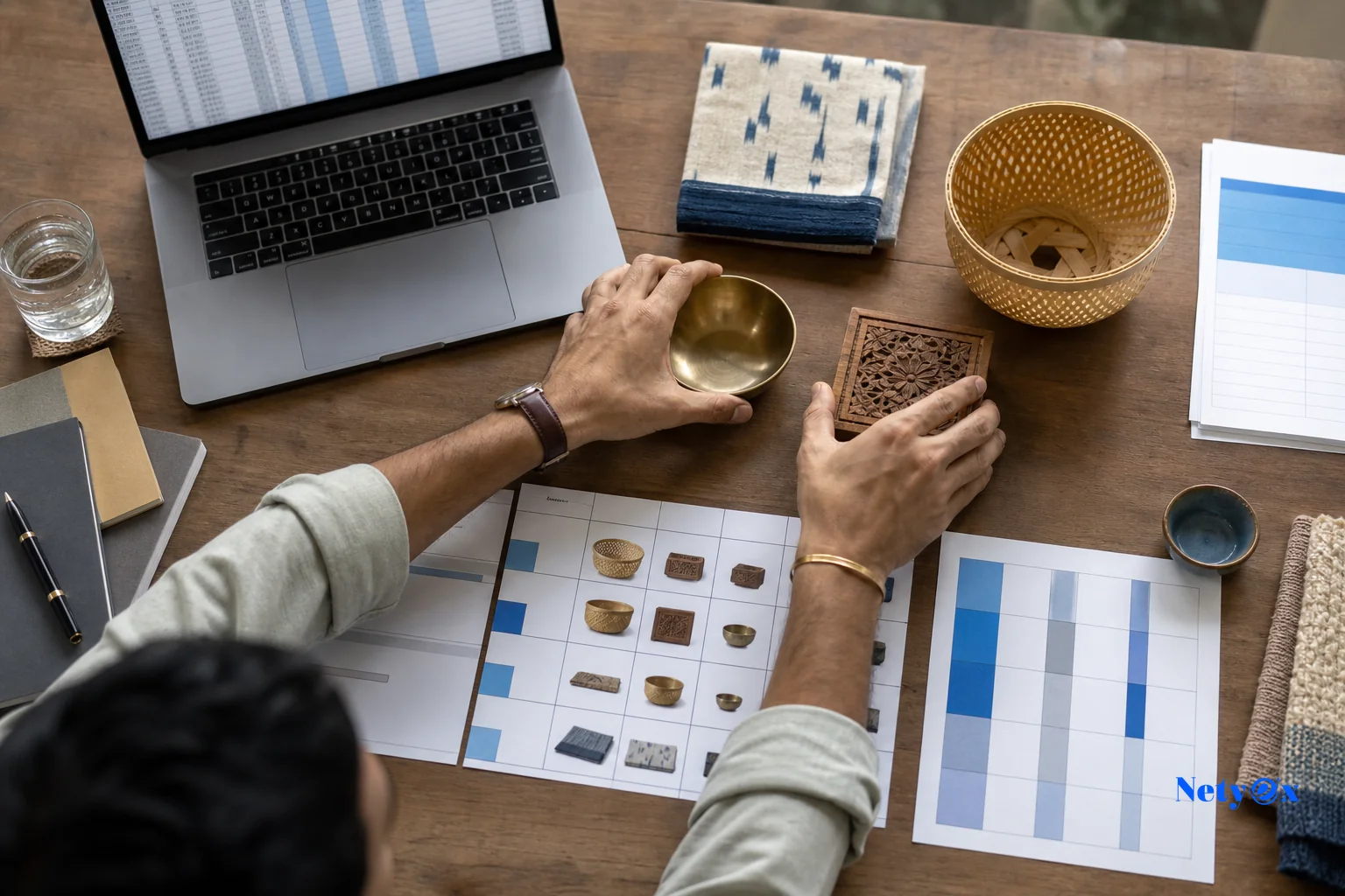Close-up of a sourcing planner organizing product samples and SKU charts by category on a table. photorealistic: Overhead shot of a wooden desk with an Indian sourcing professional's hands arranging small physical product samples (a brass