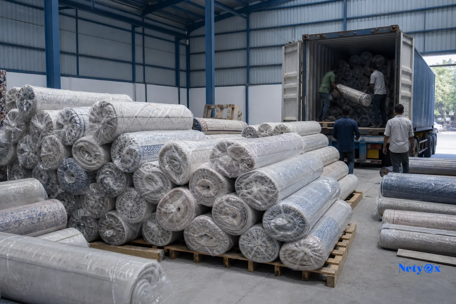 Shipping container and pallet of rolled rugs being prepared for export at an Indian workshop. Photorealistic photo of rolled wool rugs wrapped in export packaging stacked on wooden pallets inside an Indian export warehouse, workers loading