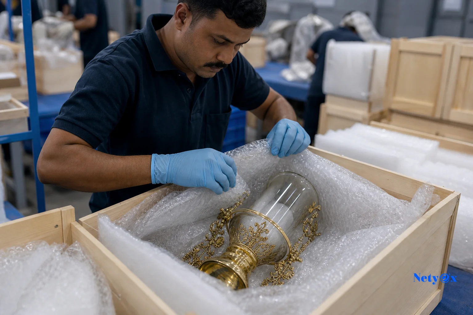 Quality inspector carefully packing fragile brass and glass wedding decor items into foam-lined crates. Photorealistic photo of a quality control worker in an Indian export packing facility carefully wrapping an ornate brass wedding