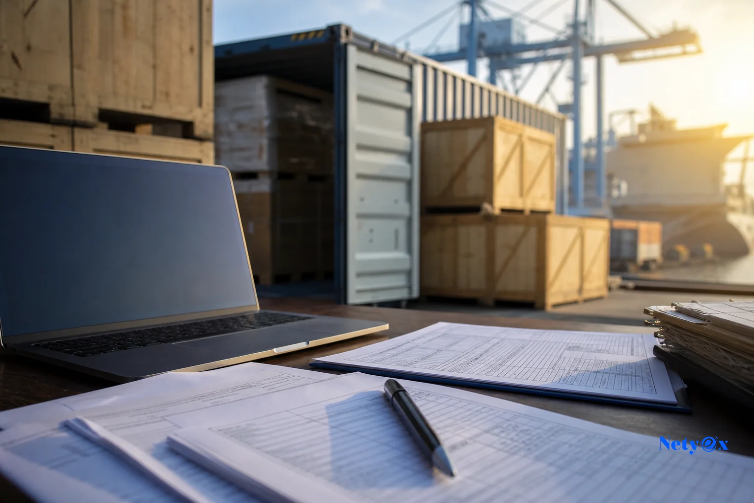Photorealistic photo of export paperwork and a shipping manifest laid on a desk beside a laptop, with a blurred background of stacked wooden crates and a cargo container at an Indian port, golden late-afternoon light mixed with cool blue