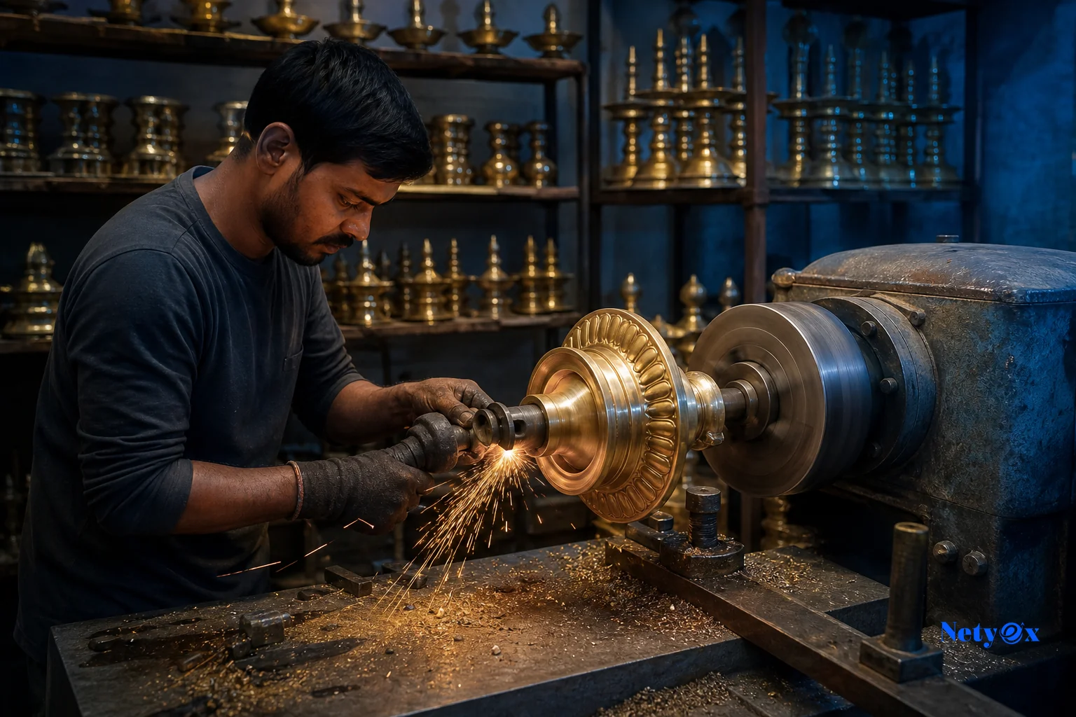 Metal lighting fixture production in a brass workshop cluster like Moradabad. Photorealistic photo of a brass metalworking workshop in India, worker polishing an ornate brass lamp base on a lathe, sparks and metal shavings visible, rows of