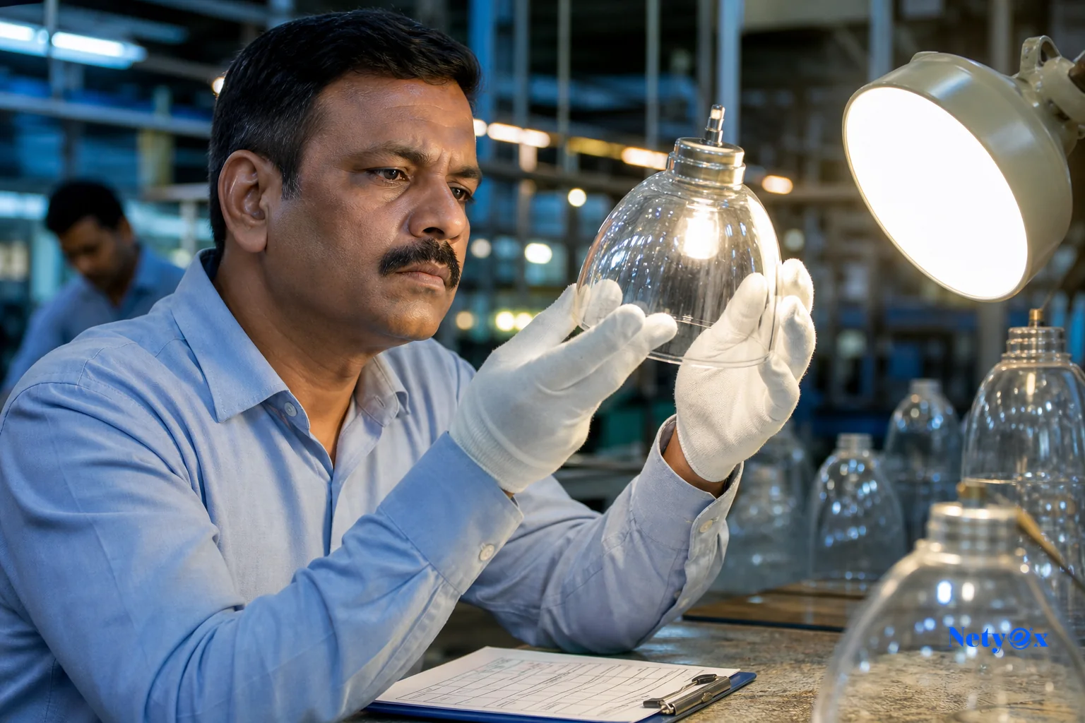 Quality inspector checking a glass lamp shade for defects. Photorealistic photo of a quality control inspector in an Indian glass factory examining a clear glass pendant lamp shade against a light source to check for bubbles and thickness