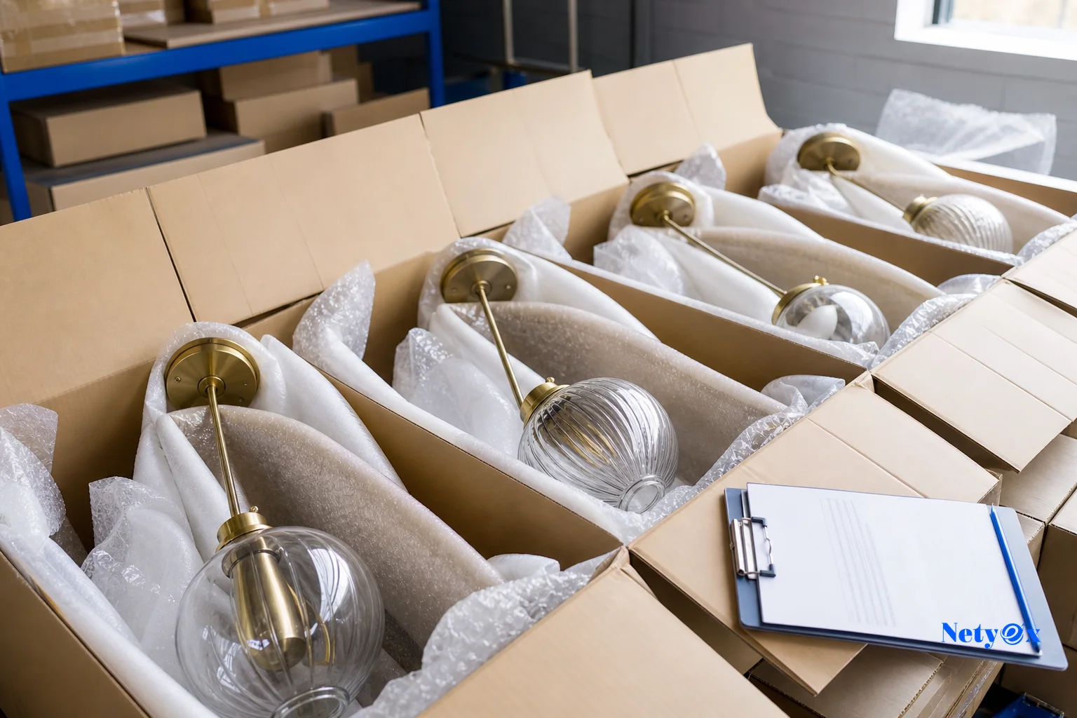 Sample lighting fixtures packed and ready for export dispatch. Photorealistic photo of a row of sample decorative lamp fixtures (mix of brass metal and glass pendant lamps) carefully wrapped in protective packaging inside cardboard export