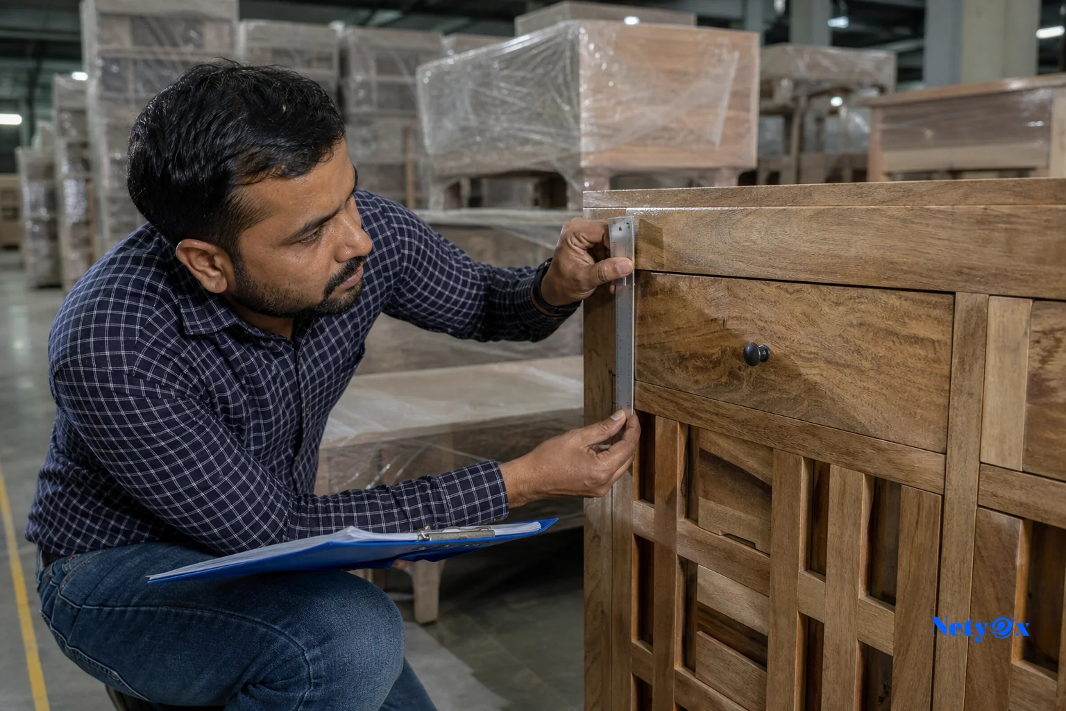 Quality inspector examining mango wood furniture finish and joinery before export. Photorealistic photo of a quality control inspector in a furniture factory in India examining the finish and joinery of a mango wood cabinet, using a