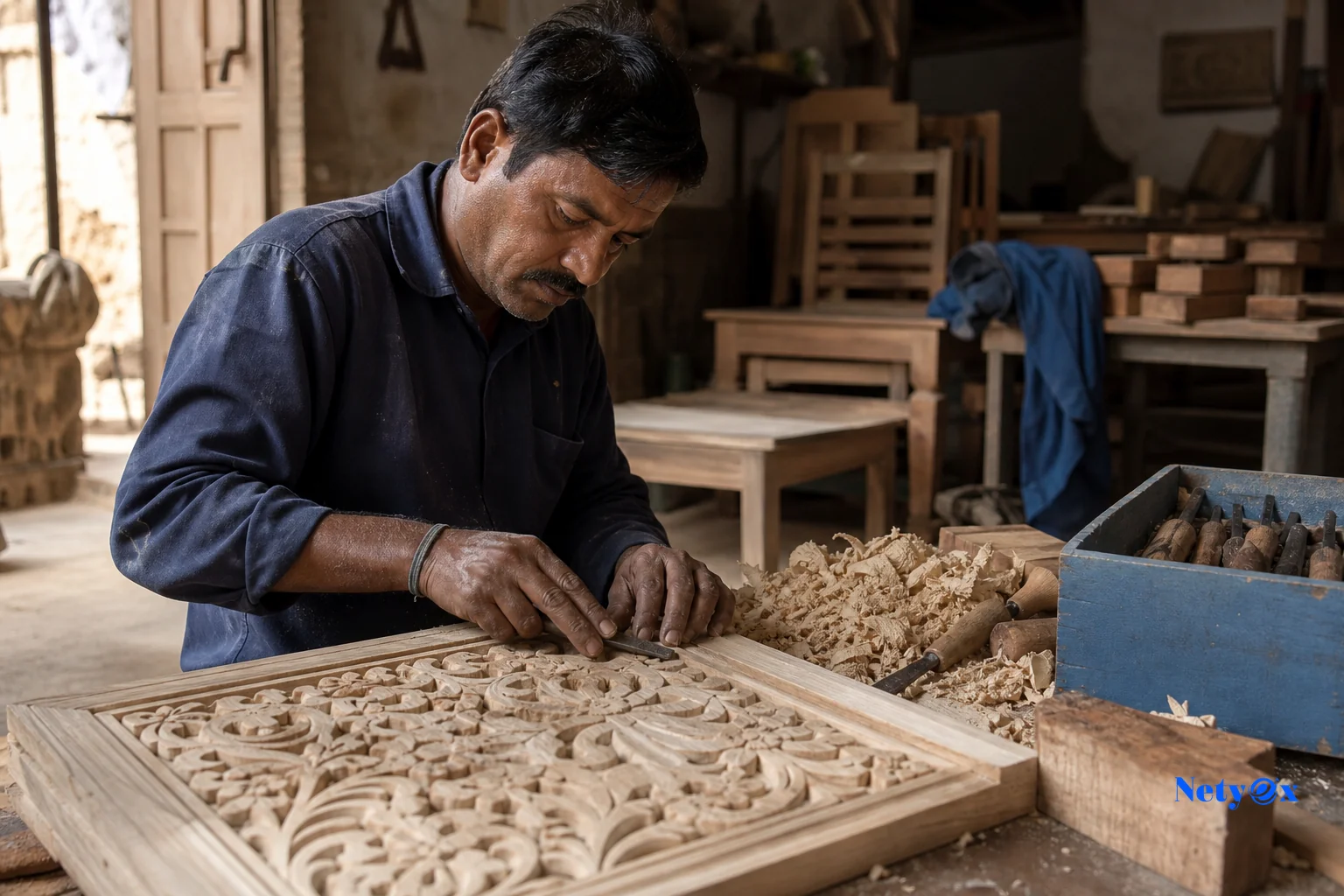 Skilled Indian woodworking artisan carving or finishing mango wood furniture in a workshop. Photorealistic photo of an Indian furniture workshop in Rajasthan, showing a skilled artisan hand-carving or sanding a mango wood furniture panel.